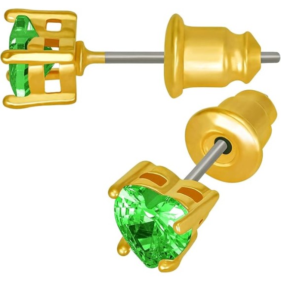 Cubic Zirconia Heart Birthstone Stud Earrings 24k Gold Plated