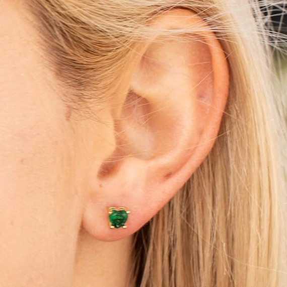 Cubic Zirconia Heart Birthstone Stud Earrings 24k Gold Plated