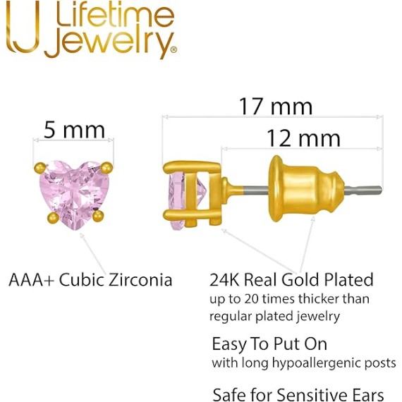 Cubic Zirconia Heart Birthstone Stud Earrings 24k Gold Plated