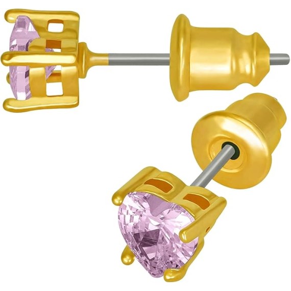 Cubic Zirconia Heart Birthstone Stud Earrings 24k Gold Plated