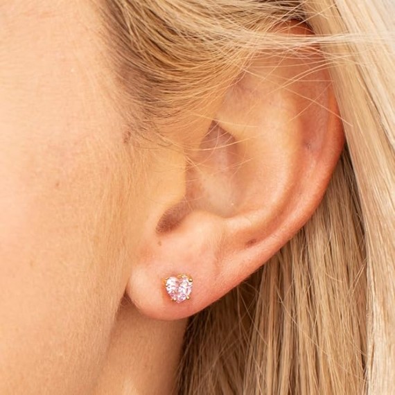 Cubic Zirconia Heart Birthstone Stud Earrings 24k Gold Plated