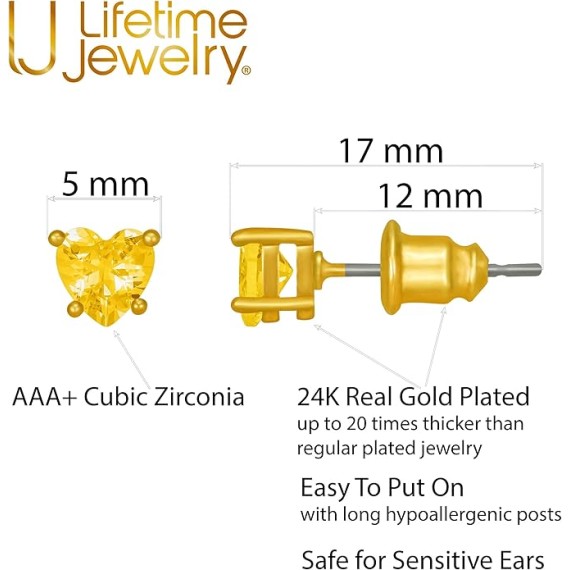 Cubic Zirconia Heart Birthstone Stud Earrings 24k Gold Plated