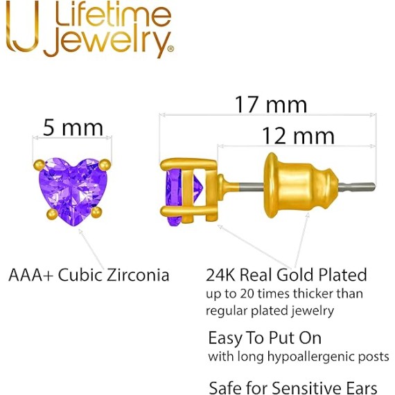 Cubic Zirconia Heart Birthstone Stud Earrings 24k Gold Plated