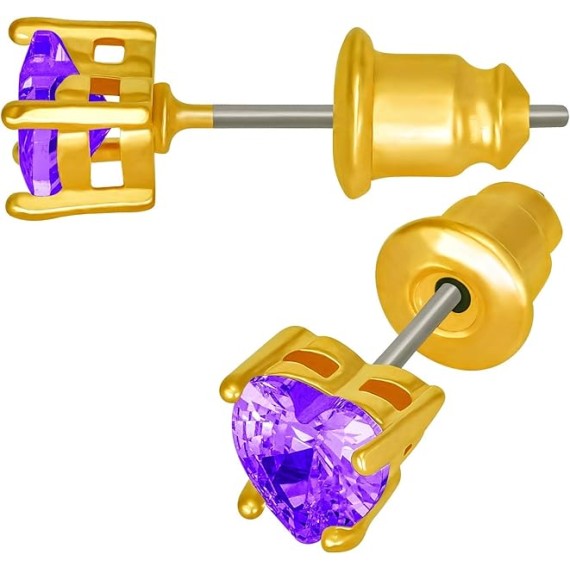 Cubic Zirconia Heart Birthstone Stud Earrings 24k Gold Plated