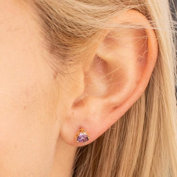 Cubic Zirconia Heart Birthstone Stud Earrings 24k Gold Plated
