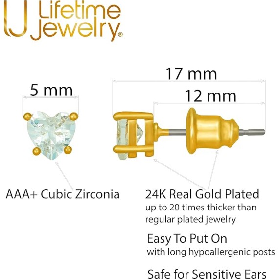Cubic Zirconia Heart Birthstone Stud Earrings 24k Gold Plated