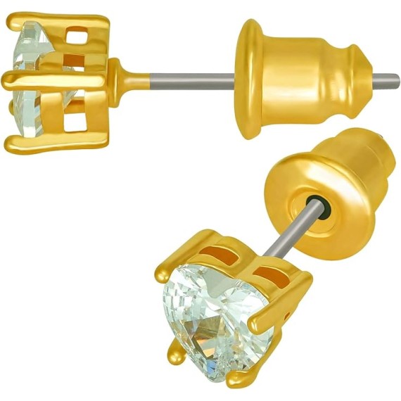 Cubic Zirconia Heart Birthstone Stud Earrings 24k Gold Plated