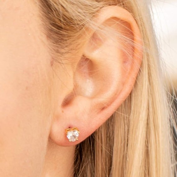 Cubic Zirconia Heart Birthstone Stud Earrings 24k Gold Plated