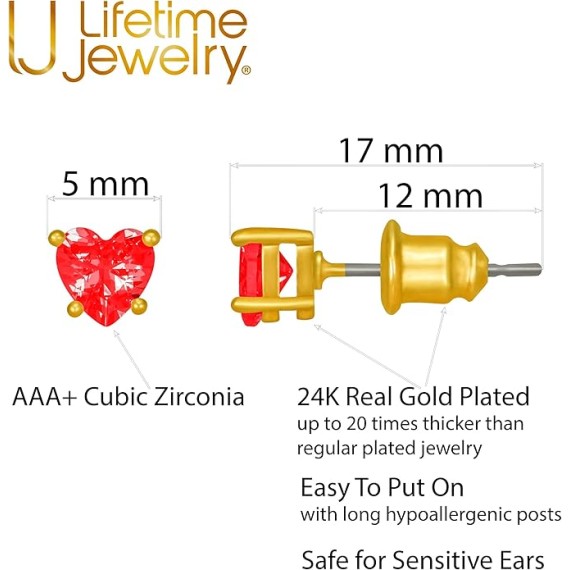 Cubic Zirconia Heart Birthstone Stud Earrings 24k Gold Plated