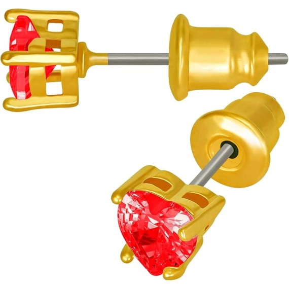 Cubic Zirconia Heart Birthstone Stud Earrings 24k Gold Plated