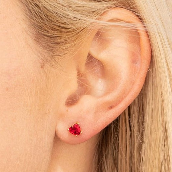 Cubic Zirconia Heart Birthstone Stud Earrings 24k Gold Plated
