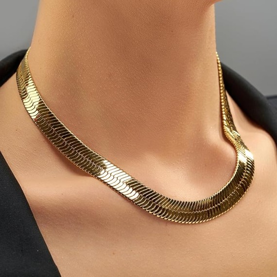 11mm Flexible Herringbone Chain Necklace 24k Real Gold Plated