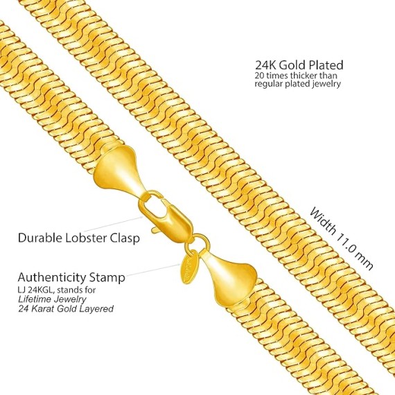 11mm Flexible Herringbone Chain Necklace 24k Real Gold Plated