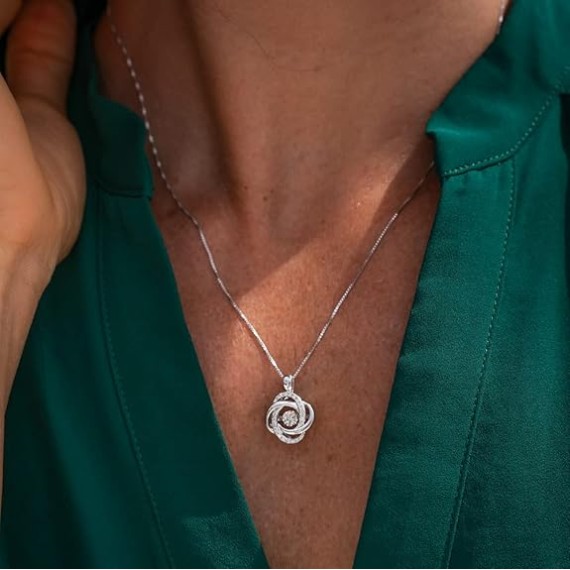 Diamond Pendant Necklace Dancing Diamond Knot in Sterling SIlver or 14K Gold Plated 1/5cttw 18 Inch Chain