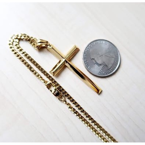 24K Gold Chain Style Cross Pendant Necklace Strong Clasp for MEN 24ct 3MM Thin for Charms Miami Cuban Link Diamond Cut Religious Beveled Edge