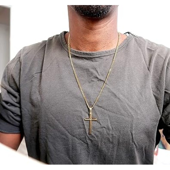 24K Gold Chain Style Cross Pendant Necklace Strong Clasp for MEN 24ct 3MM Thin for Charms Miami Cuban Link Diamond Cut Religious Beveled Edge
