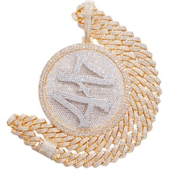 14K Hip Hop Jumbo 44 Rotating Medal Pendant with 14mm Cuban Link Chain, Gold Plated Iced Out Super Sparkling CZ Diamond Necklace for Men