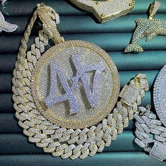 14K Hip Hop Jumbo 44 Rotating Medal Pendant with 14mm Cuban Link Chain, Gold Plated Iced Out Super Sparkling CZ Diamond Necklace for Men