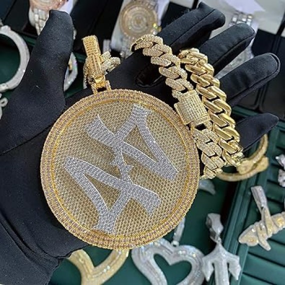 14K Hip Hop Jumbo 44 Rotating Medal Pendant with 14mm Cuban Link Chain, Gold Plated Iced Out Super Sparkling CZ Diamond Necklace for Men