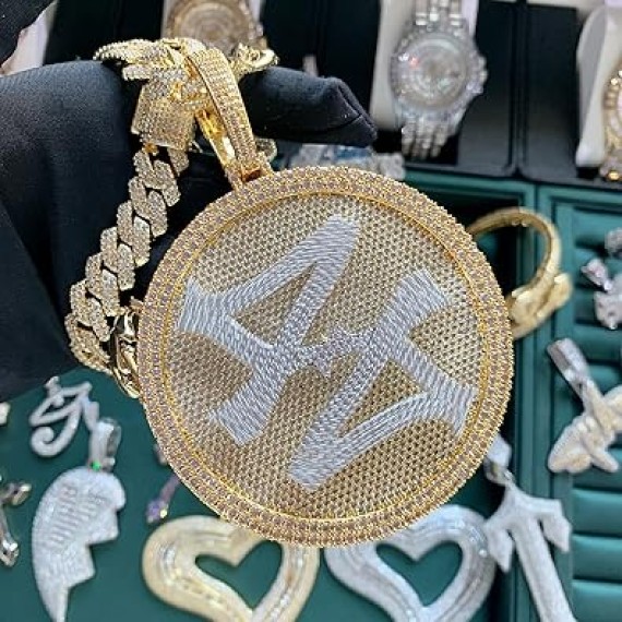 14K Hip Hop Jumbo 44 Rotating Medal Pendant with 14mm Cuban Link Chain, Gold Plated Iced Out Super Sparkling CZ Diamond Necklace for Men
