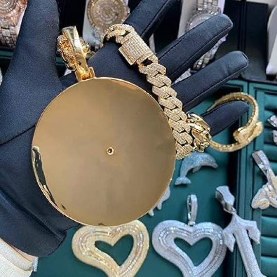 14K Hip Hop Jumbo 44 Rotating Medal Pendant with 14mm Cuban Link Chain, Gold Plated Iced Out Super Sparkling CZ Diamond Necklace for Men