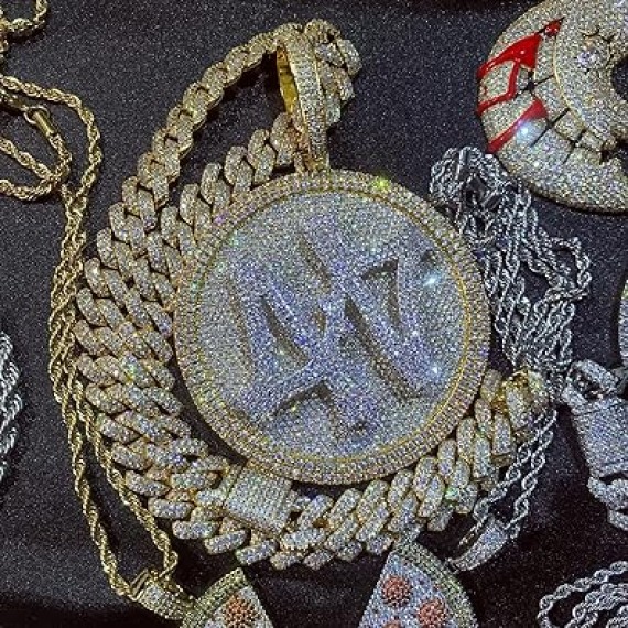 14K Hip Hop Jumbo 44 Rotating Medal Pendant with 14mm Cuban Link Chain, Gold Plated Iced Out Super Sparkling CZ Diamond Necklace for Men
