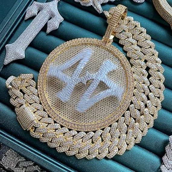 14K Hip Hop Jumbo 44 Rotating Medal Pendant with 14mm Cuban Link Chain, Gold Plated Iced Out Super Sparkling CZ Diamond Necklace for Men