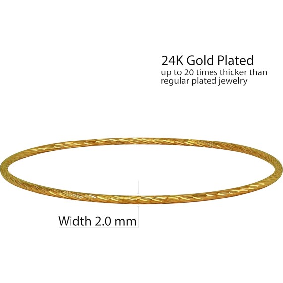 2mm Diamond Cut Bangle Bracelet 24k Real Gold Plated for Women