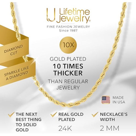2mm Gold Rope Chain for Men & Women 24k Real Gold Plated Diamond Cut Gold Necklace for Women & Necklace for Men 14 to 36 Inch | Gold | White Gold