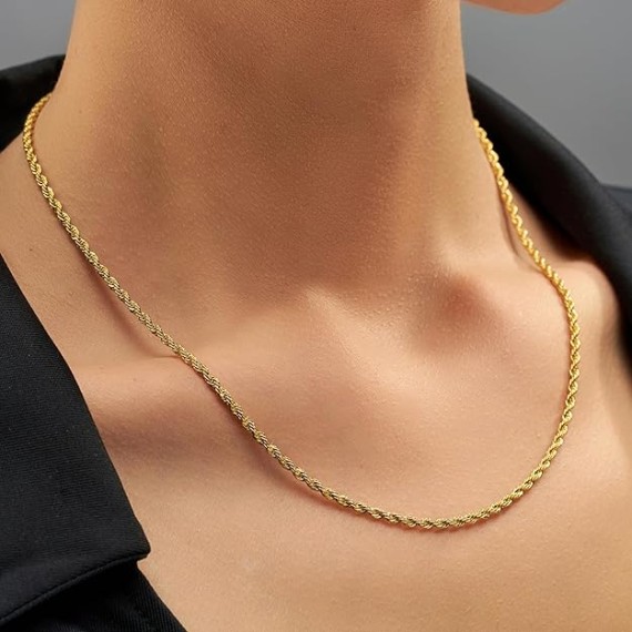 2mm Gold Rope Chain for Men & Women 24k Real Gold Plated Diamond Cut Gold Necklace for Women & Necklace for Men 14 to 36 Inch | Gold | White Gold