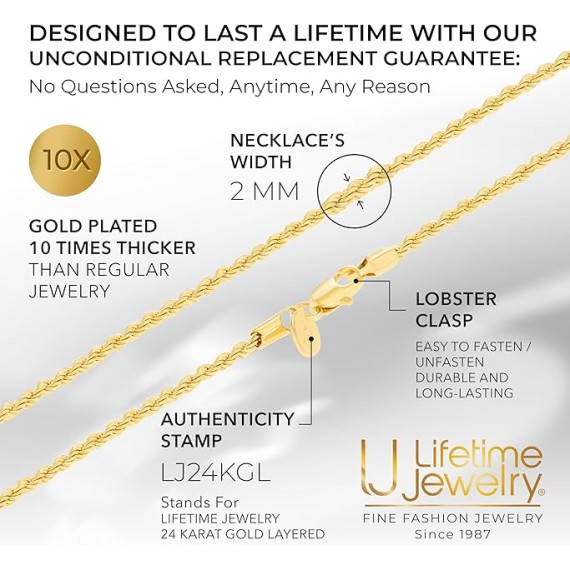 2mm Gold Rope Chain for Men & Women 24k Real Gold Plated Diamond Cut Gold Necklace for Women & Necklace for Men 14 to 36 Inch | Gold | White Gold