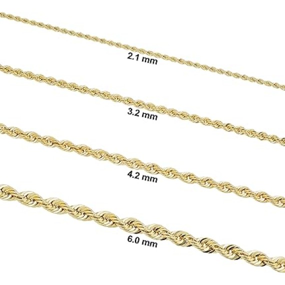 Solid 14k Yellow Gold Filled Rope Chain Necklace for Men and Women (2.1 mm, 3.2 mm, 4.2 mm or 6 mm)