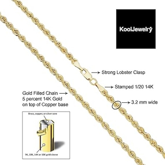 Solid 14k Yellow Gold Filled Rope Chain Necklace for Men and Women (2.1 mm, 3.2 mm, 4.2 mm or 6 mm)