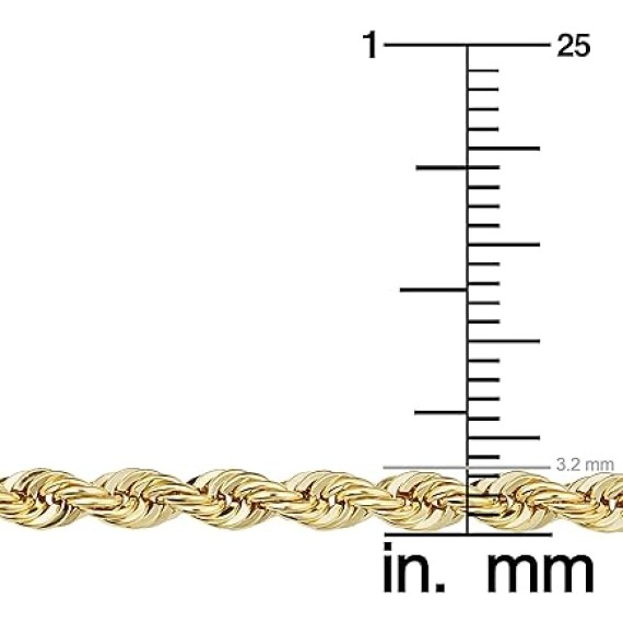 Solid 14k Yellow Gold Filled Rope Chain Necklace for Men and Women (2.1 mm, 3.2 mm, 4.2 mm or 6 mm)