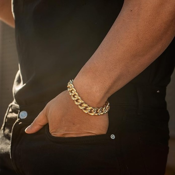 14mm Diamond Cut Miami Curb Cuban Link Bracelet 24k Gold Plated