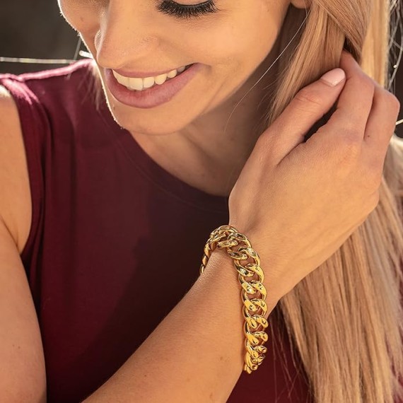 14mm Diamond Cut Miami Curb Cuban Link Bracelet 24k Gold Plated