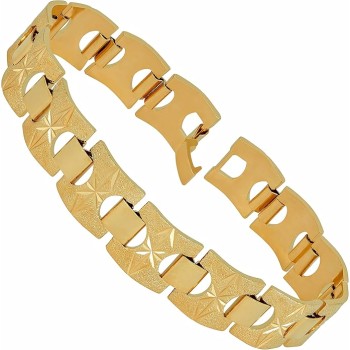 15mm Diamond Cut Star and Arrows Link Bracelet for Men and Women 24k Gold Plated