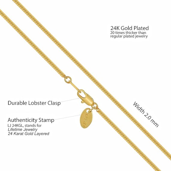 Crushed Herringbone Chain Necklaces for Women and Men 24k Gold Plated