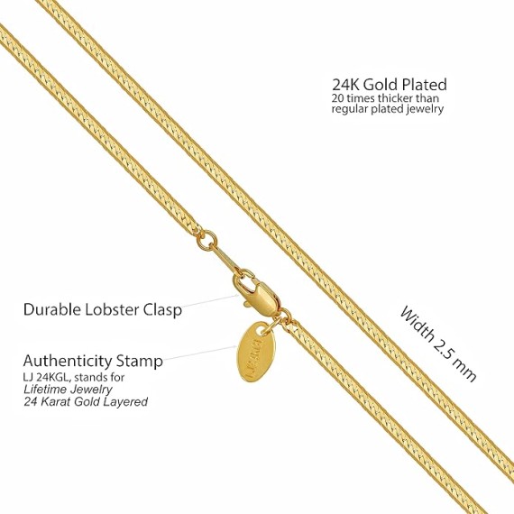 2.5mm Beveled Herringbone Chain Necklace for Women & Men 24k Gold Plated