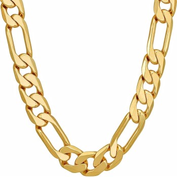 Beveled Figaro Chain Necklaces for Women and Men 24k Real Gold Plated (6.5mm, 8mm, 9.5mm & 11mm)