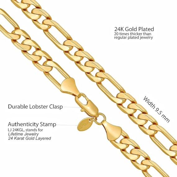 Beveled Figaro Chain Necklaces for Women and Men 24k Real Gold Plated (6.5mm, 8mm, 9.5mm & 11mm)