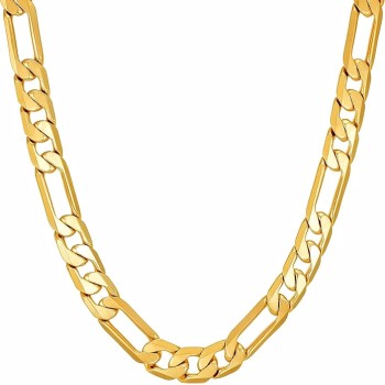 Beveled Figaro Chain Necklaces for Women and Men 24k Real Gold Plated (6.5mm, 8mm, 9.5mm & 11mm)