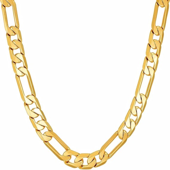 Beveled Figaro Chain Necklaces for Women and Men 24k Real Gold Plated (6.5mm, 8mm, 9.5mm & 11mm)
