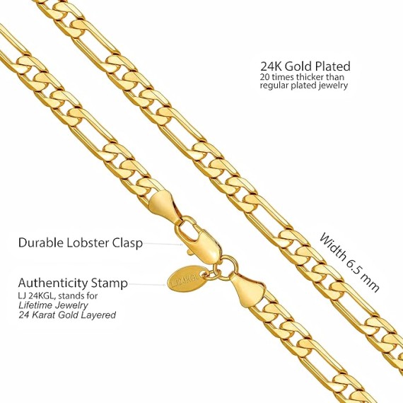 Beveled Figaro Chain Necklaces for Women and Men 24k Real Gold Plated (6.5mm, 8mm, 9.5mm & 11mm)