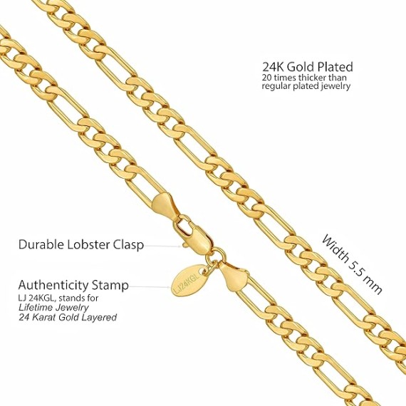 Flat Figaro Chain Necklaces for Men & Women 24k Real Gold Plated (4mm, 5.5mm & 7mm)