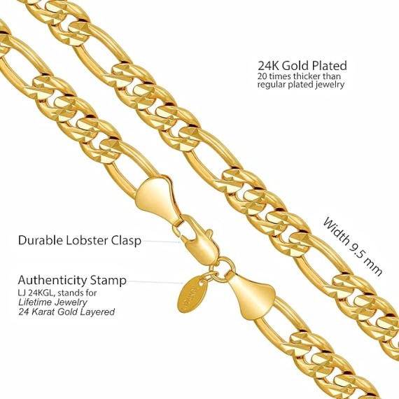 Radiant Diamond Cut Figaro Chain Necklaces 24k Real Gold Plated (6mm, 7mm, 9.5mm)