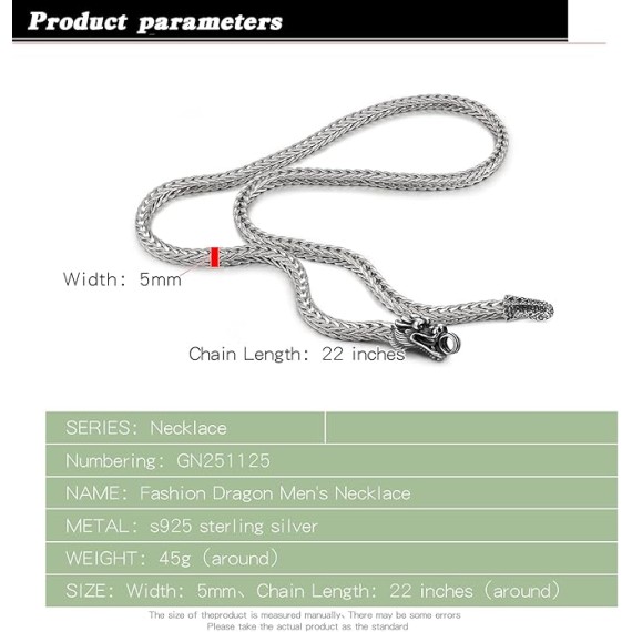 Men 925 Sterling Silver Dragon Necklace Vintage 5MM 20 "22" 24 "26" Franco Link Curb Chain Choker Fashion Punk Gold Fine Jewelry Gift