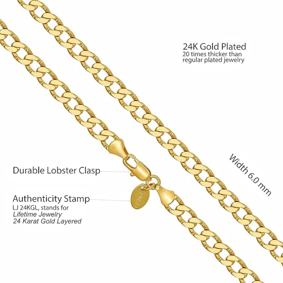 Diamond Cut Edge Curb Link Chain Necklace 24k Real Gold Plated