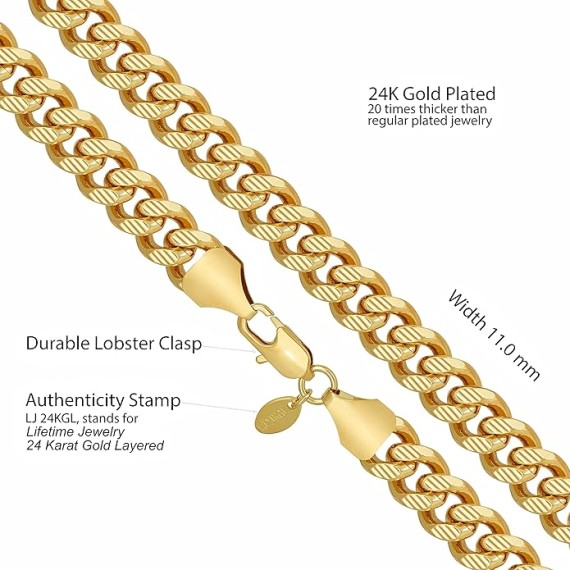 11mm Designer Diamond Cut Miami Curb Cuban Link Chain Necklace 24k Gold Plated