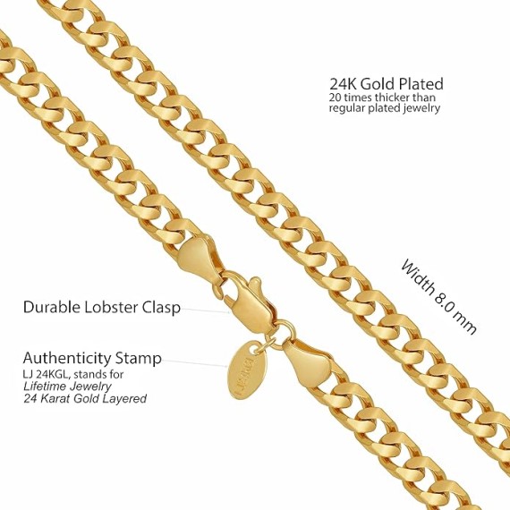 8mm Cuban Curb Link Chain Necklaces for Women & Men 24k Gold Plated